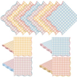 Crtiin 100 Pcs Disposable Pastel Gingham Napkins 4 Colors Pastel Scalloped Edge Tissue Thick 3-ply Paper Disposable Gingham Napkins for Party Dinner Birthday Celebrations 5 x 5 Inches