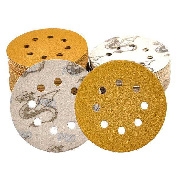 HYICO 100 PCS 5 Inch 8 Hole Sanding Discs, 60/80/120/150/320
