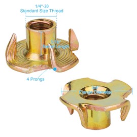 1/4"-20 T-Nuts (50 Pack), Yellow Zinc-Plated Steel Corrosion Resistant T nut, 5/16" Barrel Length, 4-Pronged Tee Nut for Wood, Rock Climbing Holds, Cabinetry