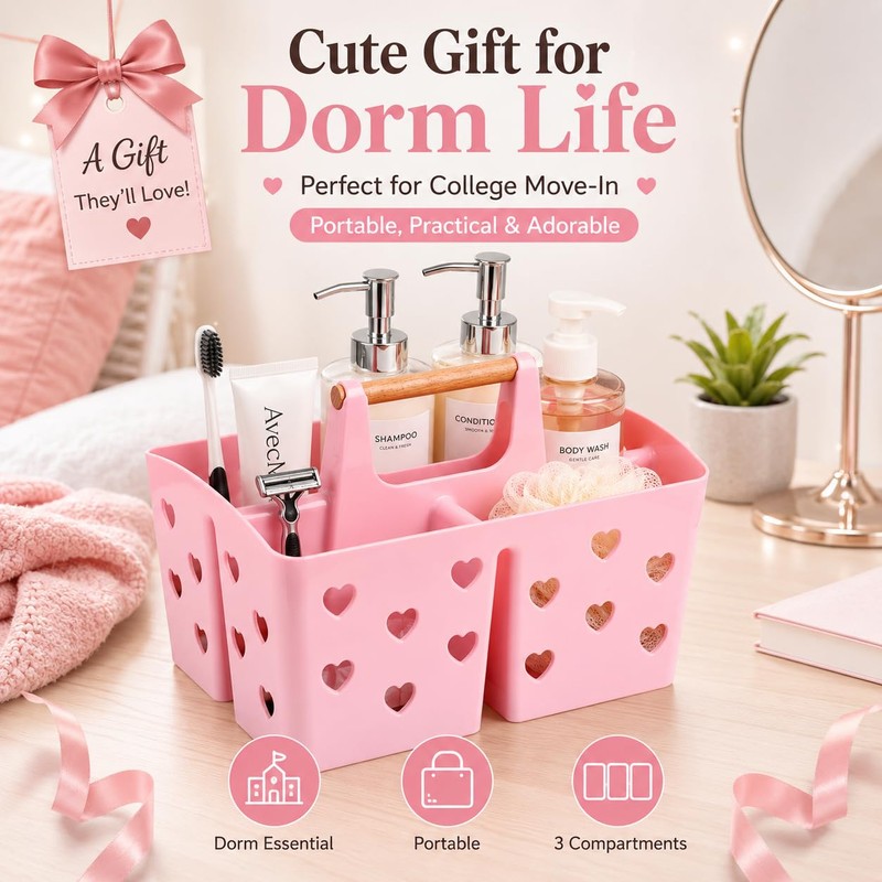 Pink Portable Shower Caddy with Wooden Handle, Plastic Shower Basket