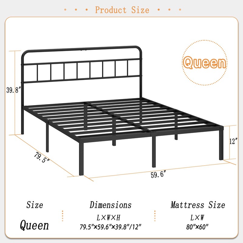 Kujielan 12 inches Queen Size Bed Frame with Minimalist headboard,Metal