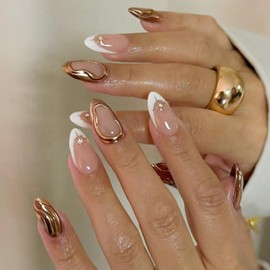 French Tip Press on Nails Gold 3D Acrylic False Nails Short Almond Fake Nails Press ons with Gold Line Designs Star Rhinestone Glue on Nails Glossy Stick on Nails for Women Girls 24Pcs
