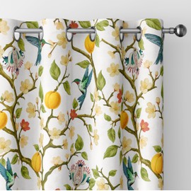 Floral Curtains 100% Blackout, Vintage Hummingbird Black Out Curtain 84 Inches Long, Patterned Thermal Insulated Window Drapes 2 Panels, Grommet Room Darkening Curtains for Living Room Bedroom, White