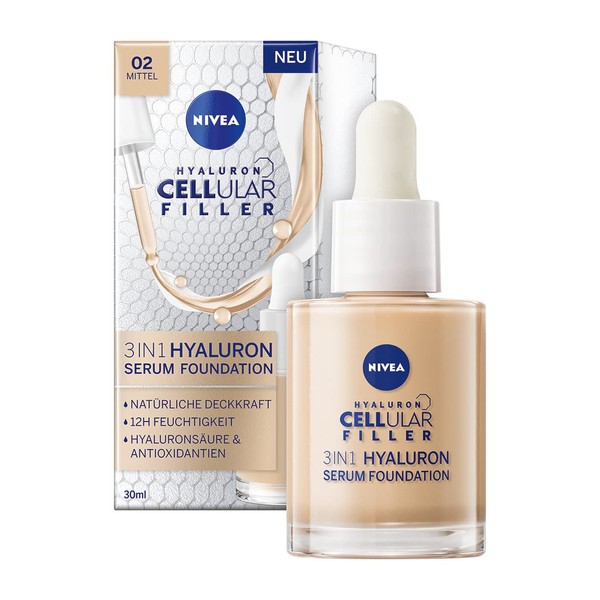 NIVEA 3-in-1 Hyaluronic Serum Foundation Medium (30 ml), Anti-Age Foundation with Serum for Younger Looking Skin, Moisturising Foundation with Hyaluronic
