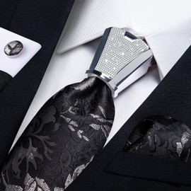 DiBanGu Tie Set for Men Silk Black Silver Necktie and Handkerchief Set with Cufflinks Tie Accessories Floral Woven Tie Tuxedo or Suit