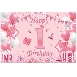 Happy 1st Birthday Banner Backdrop - Pink 1 Year Old Banners Decorations Girl Baby Photography Background for First Birthday Baby Shower Party Supplies 180x120cm