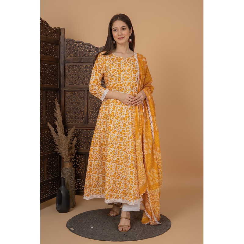 Meera Fab Women's Cotton Printed Blue Anarkali Kurta With Palazzo