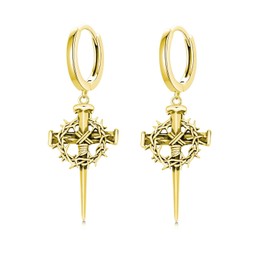 MEIDERBO Cross Hoop Earrings 925 Sterling Silver Crown of Thorn Cross Earrings Christian Jewelry Gift for Men(Gold)