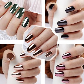 Nudurom Press on Nails,Metallic Mirror Gold Black Green False Nails Punk Metal Chrome Finish Short Reusable Fake Nails in 5 Color 10 Sizes - 120 pcs Nail Kit with Jelly Glue Pad