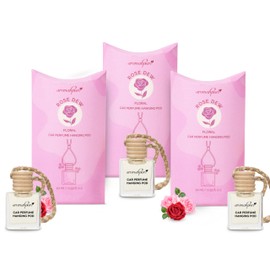 Aromahpure Premium Car Perfume Hanging Pod |10 ML |Rose Fragrance Car Air Freshener |Natural Essential Fragrance Oils in Glass Bottle with Wooden Diffuser Lid |Long Lasting upto 60 days (Pack of 3)
