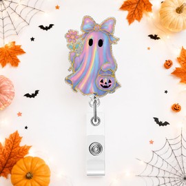 Cute Ghost Badge Reel Acrylic Retractable Halloween Badge Clip with 360 Rotating ID Card Holder Pastel Ghost Pumpkin Badge Reel Design Spooky ID Badge Holder for Nurses Doctors Teachers