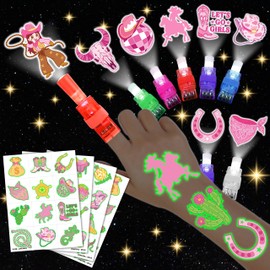 72 PCS Cowgirl Party Favors – 48 PCS Tattoos & 24 PCS LED Finger Lights Combo – Birthday Goodie Bag Fillers, Party Supplies, Gifts Light Up Toys Glow In The Dark for Boys and Girls