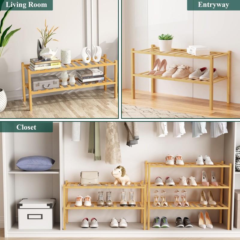 Smiry Shoe Rack, 2 Tier Bamboo Shoe Organizer, Stackable Free