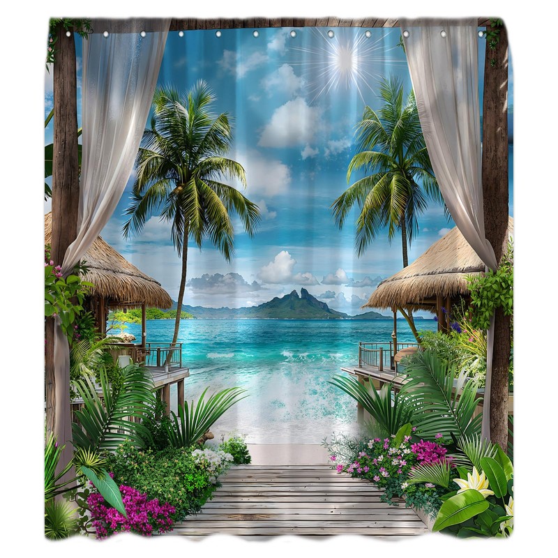 LAEDCIITI Ocean Beach Shower Curtain Tropical Summer Palm Tree Leaves