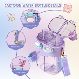Cute Water Bottle with Straw - Kawaii Kids Water Bottle with Strap Portable Plastic Drinking Bottle Aesthetic Water Bottle Girls Boys with Stickers for School Travel Sports (Purple)