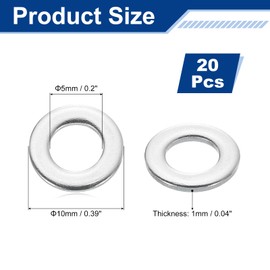 sourcing map 20 Pcs M5 Flat Washer, 5x10x1mm 304 Stainless Steel Flat Spacers for Screw, Bolt, Automotive, Industrial Machinery