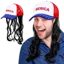 Cindeer USA Mullet Hat Wig for Men 4th of July American Costume Hat Mullet Red Blue and White Wig Cap for Christmas(Black)