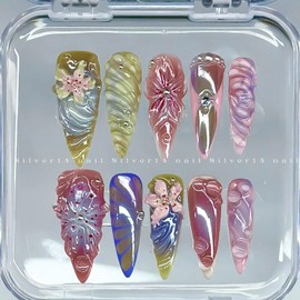 Press on Nails Long Stiletto SWEKKE 3D Floral Fake Nails French Tip False Nails with Pearls Water Drop Designs Y2k Colorful Glossy Glue on Nail Acrylic Nail for Women Girls 30Pcs