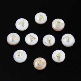 Pandahall 20pcs Shell Letter Beads, Natural Freshwater Shell Beads with Golden Alphabet Letters A-Z Flat Round Shell Charm Beads with 0.8mm Hole for Jewelry Making