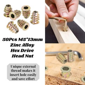 50Pcs Nuts M5*13 Type Threaded Hex Drive Head Zinc Alloy Wire Furniture Hex Socket Screw For Wood Insert Assortment Kit