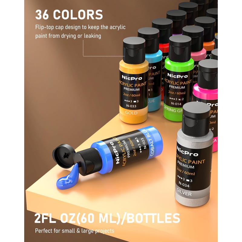 Nicpro 36 Colors Acrylic Paint Set with 12 Brushes &