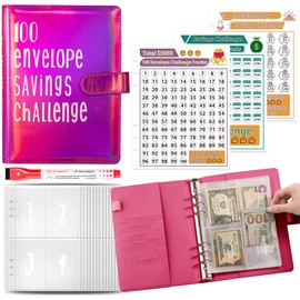 LXWHYP 100 Envelopes Money Saving Challenge Binder with 100 Cash Envelopes,100 Day budget binder with 25 6-hole A5 money envelopes for cash, Challenge to Save $5050 Money Saving Envelopes- Rose