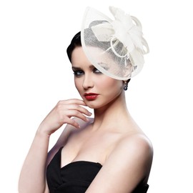 DRESHOW Fascinator Hats for Women Pillbox Hat with Veil Headband and a Forked Clip Tea Party Headpiece, Feather flower-white, Unit size