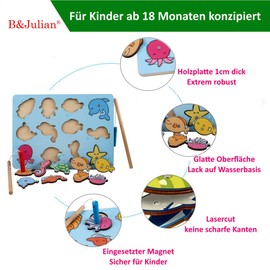 B&Julian® Wooden Fishing Game for Children Magnet with 12 Magnetic Animal Wooden Toy Fish Fishing Children's Toy Motor Skills Toy Learning Toy from 1.5 Years (Bubble)