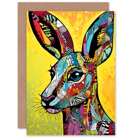 Artery8 Kangaroo Collage Folk Pattern for Him or Her Man Woman Birthday Thank You Congratulations Blank Art Greeting Card