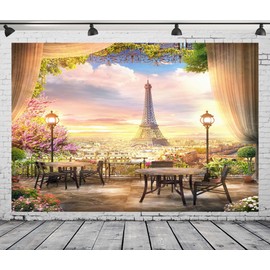 Loccor 9x6ft Fabric Eiffel Tower Backdrop Wooden Chair Desk Curtain Flowers Romantic Photography Background French Paris Tapestry Dinner Birthday Party Decorations Kids Lover Photo Studio Props
