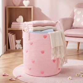 RattanView Pink Cotton Rope Laundry Basket Hamper Large Pink Heart Woven Basket 15 x 17.7 Inches Storage Hamper Bin for Girls Kids Baby Nursery Blanket Toys Clothes Organization
