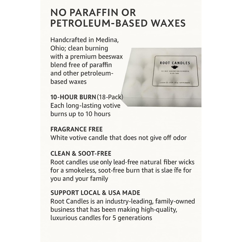 Root Candles Fragrance Free Votive Candles Premium 10-Hour Votives Handcrafted