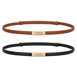 WERFORU Women's Skinny Leather Belt Adjustable Thin Waist Belt Decorative Belt for Dresses Jeans Coat with Gold Twist Buckle, B-Black+Brown