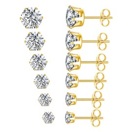 GEMSME Stainless Steel Stud Earrings Set,Stainless Steel Hypoallergenic Cubic Zirconia Earring Stud earrings Set(6 Pairs)