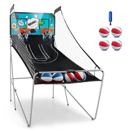 KOTEK Basketball Arcade Game Indoor, Foldable Dual Shot Electronic Basketball Games for 2 Players w/8 Game Options & LED Scoring System, Basketball Hoop Arcade for Family Home Play (Green)