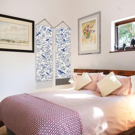AHANDMAKER Pack of 2 Blue White Chinoiserie Tapestries with Flowers and Bird Motif Vertical Aesthetic Long Tapestry in Chinese Style for Bedroom and Living Room 13 x 51 Inches