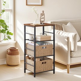 VECELO Tall Side Table, 3-Tier Telephone Stand with Storage Shelf and Baskets, High Nightstand for Small Space, Living Room, Bedroom, Office, Rustic Brown