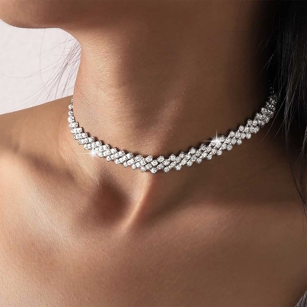 JONKY Rhinestone Chokers Silver Choker NecklaceCrystal Necklaces Sparkly Neck Jewelry Prom Accessories for Women and Girls