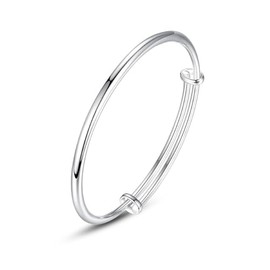 KFRS Sterling Silver Bangle Bracelets for Women,Fashion Versatile Simple Adjustable Silver Plated Smooth Face Bracelet,Smooth Face Round Belly Push Pull Silver Bracelet