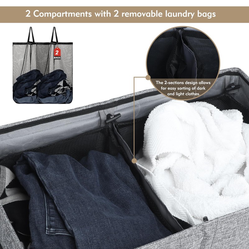DOKEHOM 150L Double Laundry Basket with Lid and Removable Laundry