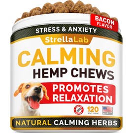 STRELLALAB Hemp Calming Chews for Dogs Anxiety Relief - Made in USA w/Hemp Oil - Dog Training & Behavior Aid - Natural Stress Relief During Firework, Storm, Separation, Barking - 120 Treats