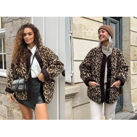 utcoco Womens Leopard Fuzzy Fleece Jacket Crew Neck Button Down Sherpa Coats Winter Warm Outwear with Pockets (Medium, Leopard)