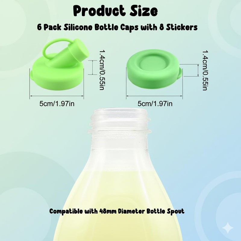 6 Pack Silicone Milk Bottle Caps, 48mm Diameter Glass Jug