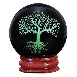 KYEYGWO Natural Black Obsidian Crystal Ball with Wooden Stand Tree of Life Feng Shui Round Sphere Figurine for Home Office Decor, Green