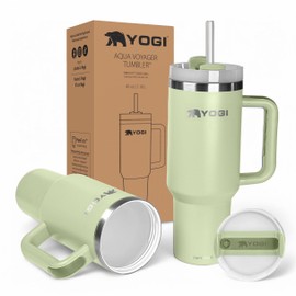 YOGI Ceramic Lined Tumbler with Handle and Straw Lid, Stainless Steel Travel Mug & Water Tumbler, Vacuum Sealed Cup with Handle - 30oz Green Mist