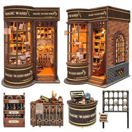 Spilay DIY Miniature Book Nook Kit, Dollhouse Tiny House Model Build Bookshelf Decor, Bookends Model Kit with dust Cover & LED for Teens and Adults Gifts(Magic Shop)