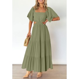 LEANI Womens Ruffle Summer Dresses Cutout Waist Maxi Dress Flowy Tiered Beach Dress ArmyGreen