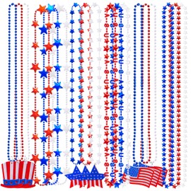 JOYIN 24 Pcs July 4th Assorted Patriotic Necklaces, 8 Styles Plastic Red White Blue Beaded Necklaces with Pendants, Memorial Independence Day Party Parade Dress Up Accessory Supplies