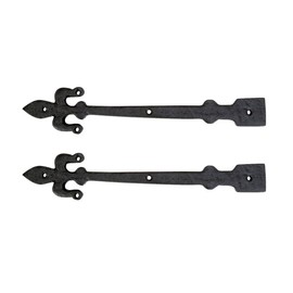 Renovators Supply Manufacturing Black Wrought Iron Garage Door Decorative Hardware Fleur De Lis Design 12 in Rust Resistant Dummy Strap Hinge with Mounting Hardware, Pack of 2