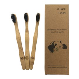 Children's Bamboo Toothbrushes Set of 3 with Bamboo Wood Handle and Soft Bamboo Activated Carbon Bristles 100% Recyclable Environmentally Friendly